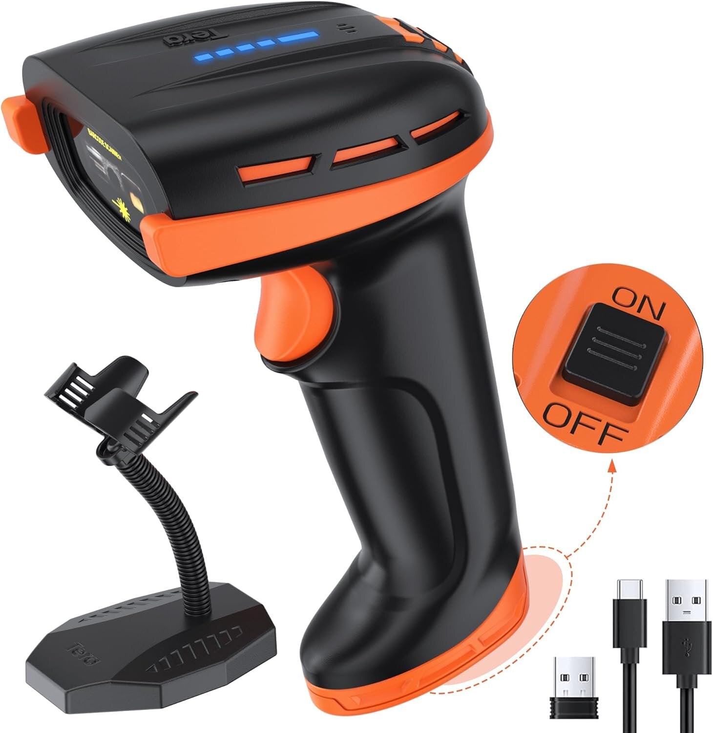 Tera D6100 Pro Scanner 1D/2D, Bluetooth Wireless 2.4GHz USB, inkl. Ständer - Akku - Orange