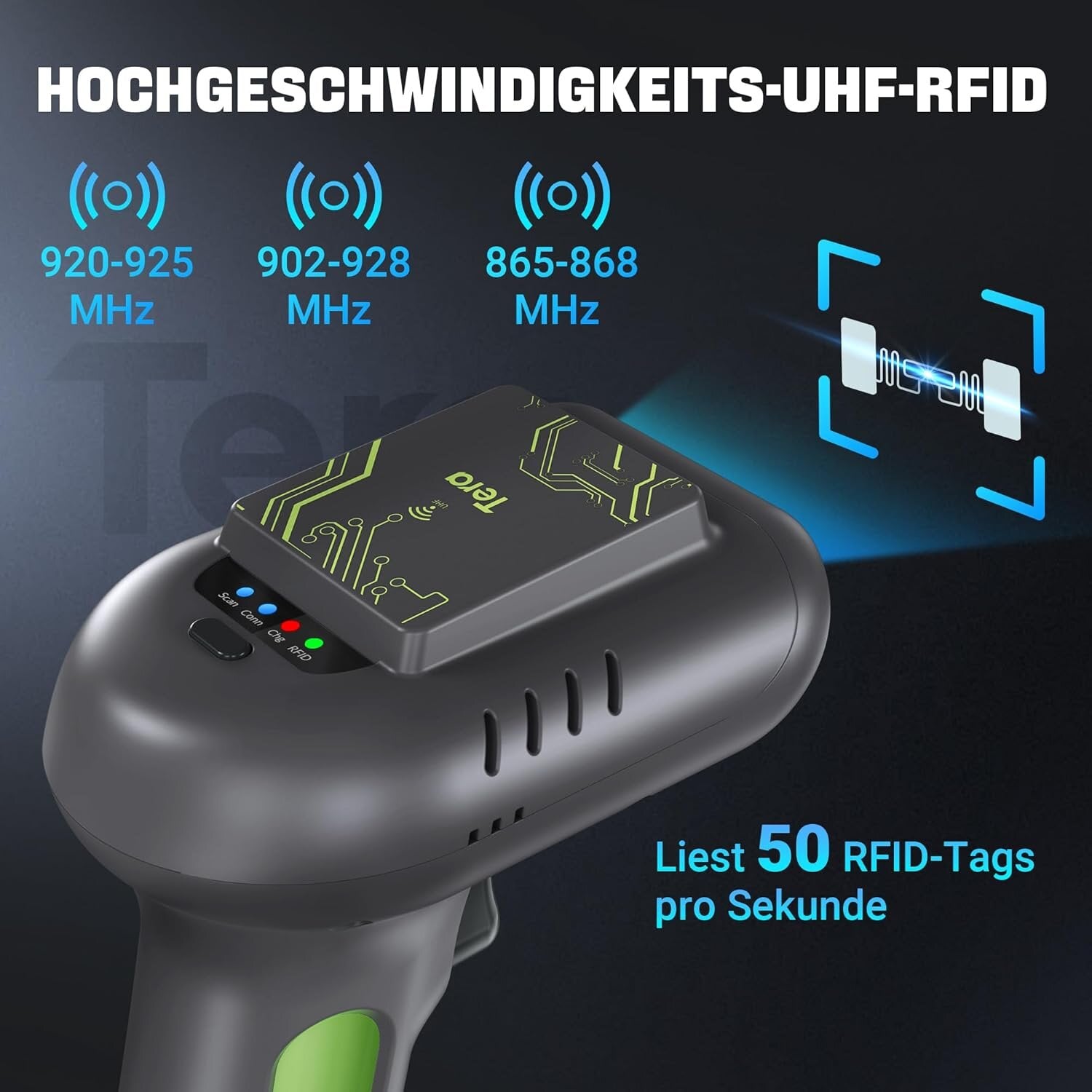 Tera HW0016 Scanner RFID/1D/2D, Bluetooth 2.4GHz USB Wireless, inkl. Ladestation – Akku – Grün