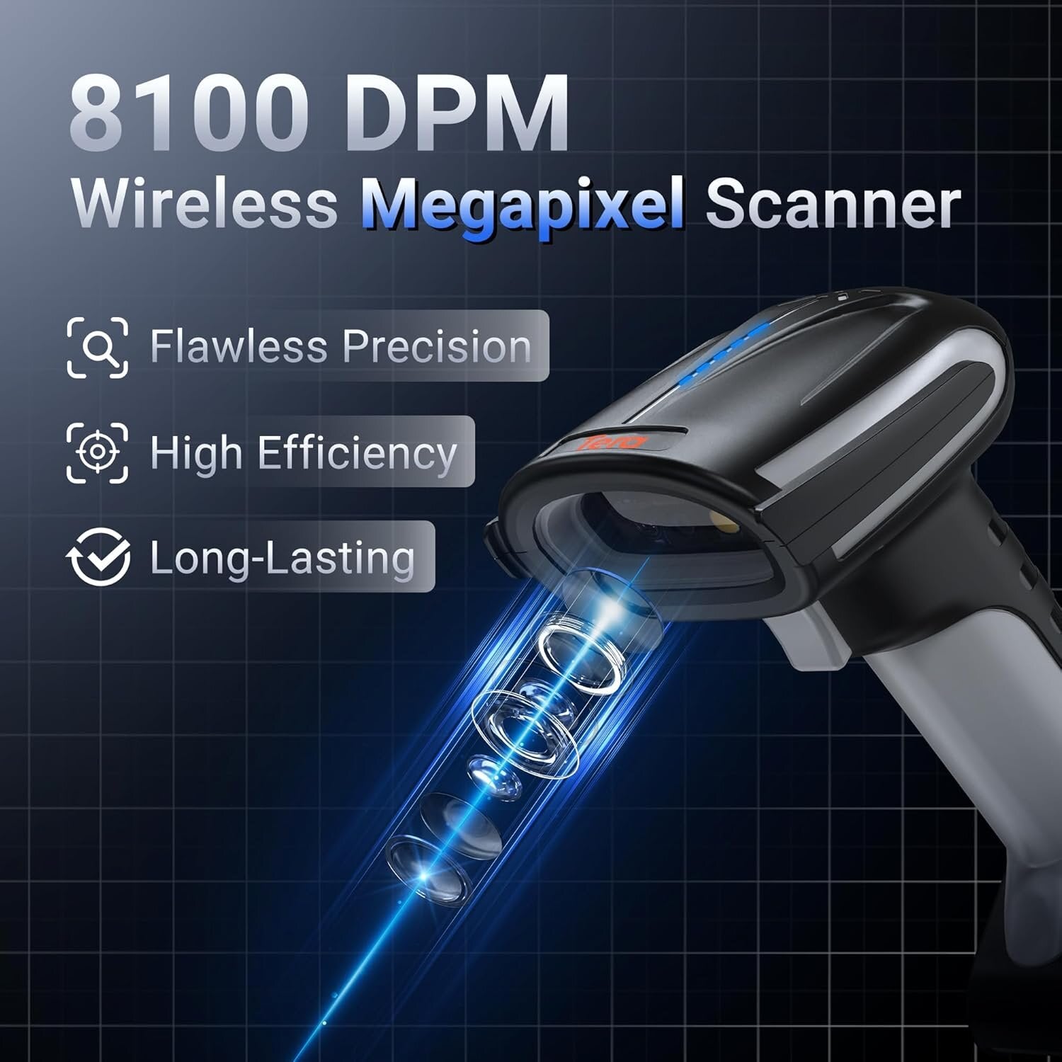 Tera 8100DPM Scanner 1D/2D DPM, Bluetooth 2.4GHz USB Wireless, inkl. Ständer – Akku – Schwarz