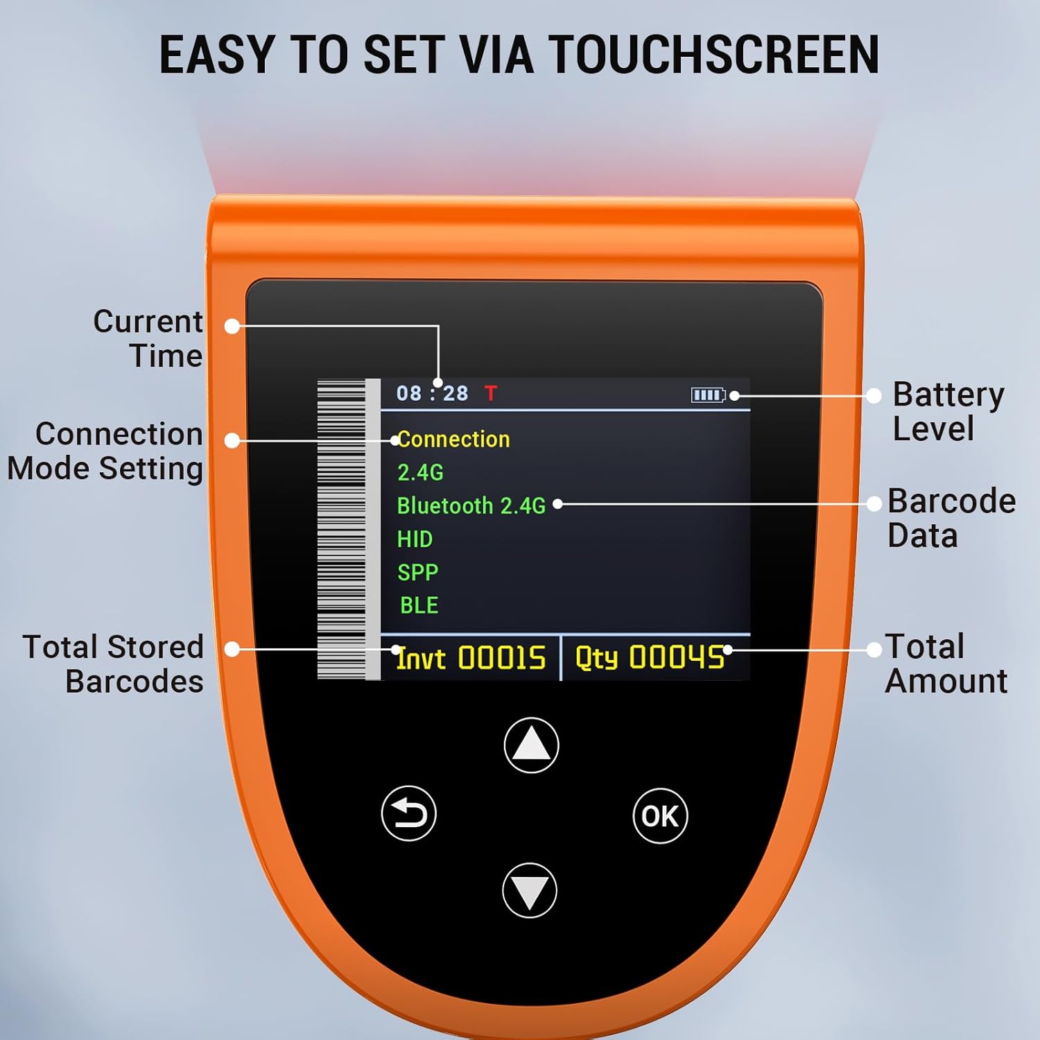 Tera HW0015 Scanner 1D/2D, Bluetooth 2.4GHz USB Wireless, inkl. Ladestation – Akku – Orange