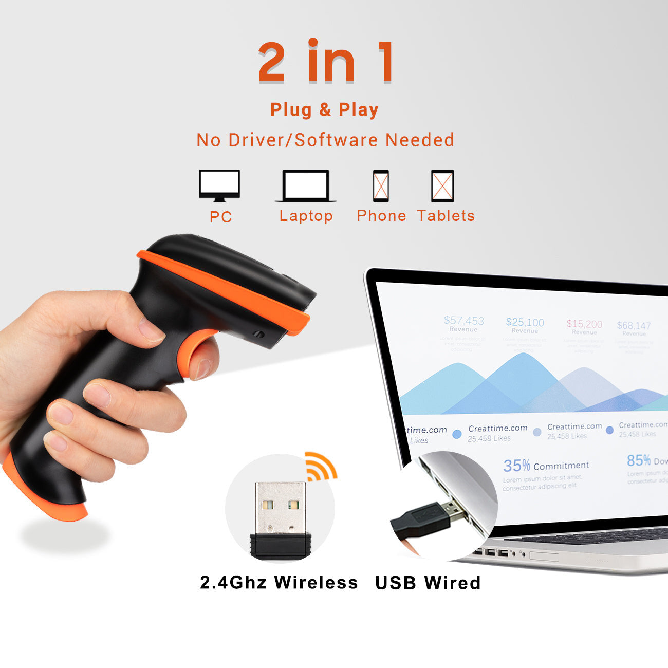 D5100 2D Wireless Barcode Scanner Schwarz (ohne Stativ) USB Kabel + USB Wireless