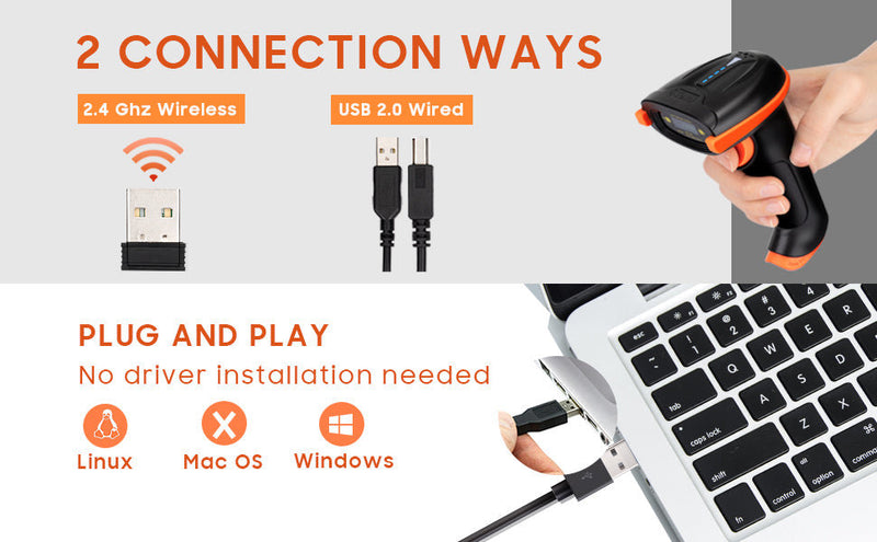 D5100 2D Wireless Barcode Scanner Schwarz (ohne Stativ) USB Kabel + USB Wireless