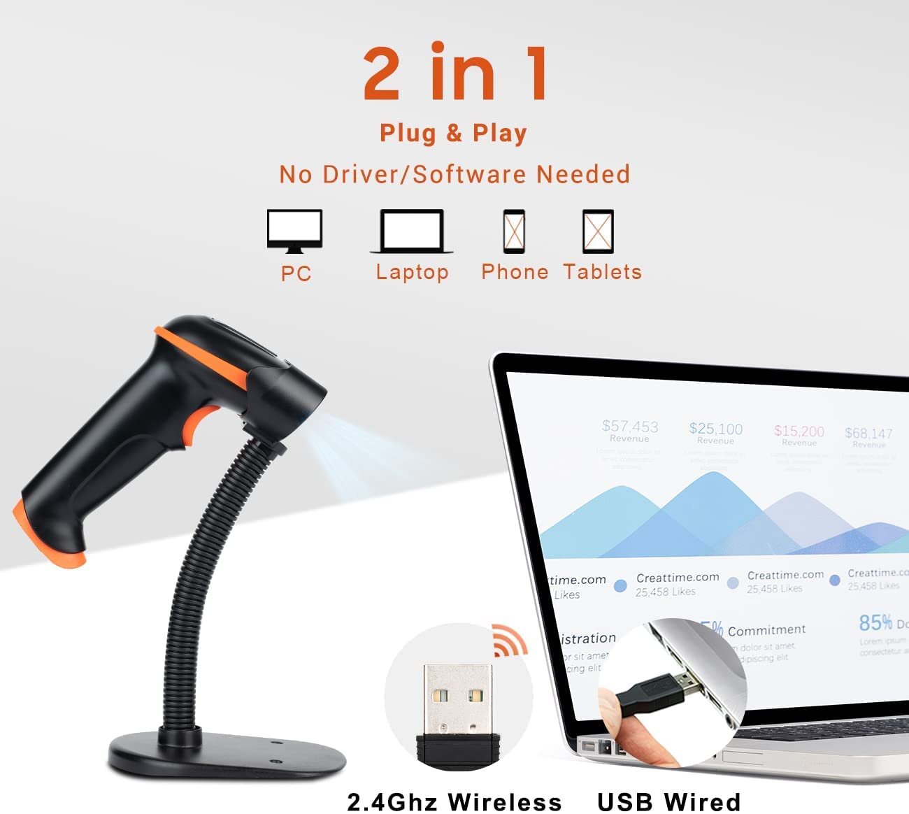 Tera Barcode Scanner 1D 2D QR Kabellos 2,4 GHz USB 2,0 Handscanner Ständer D5100