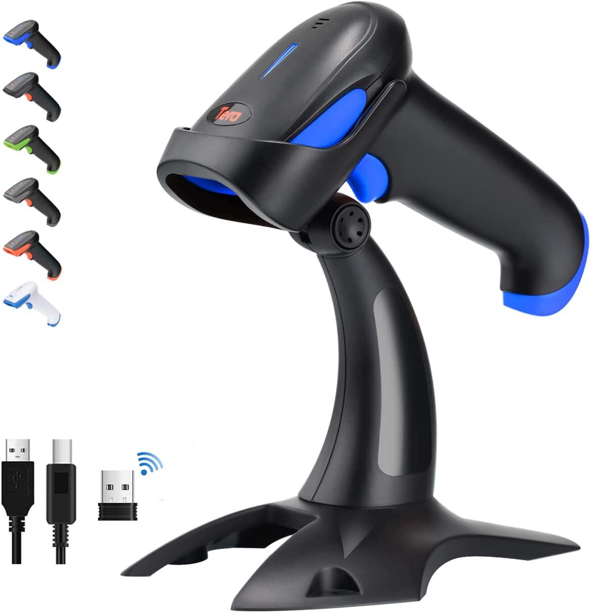 Tera Barcode Scanner 2D 1D Bluetooth USB Kabelgebunden 2000mAh Akku /Kabel/Ständer, HW0002 Blau
