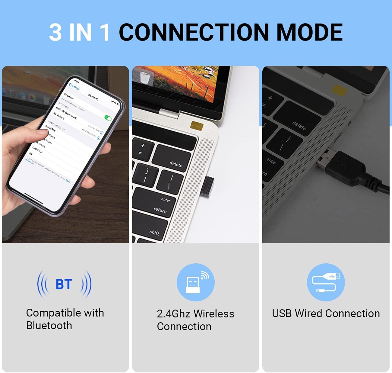 Tera Barcode Scanner 2D 1D Bluetooth USB Kabelgebunden 2000mAh Akku /Kabel/Ständer, HW0002 Blau