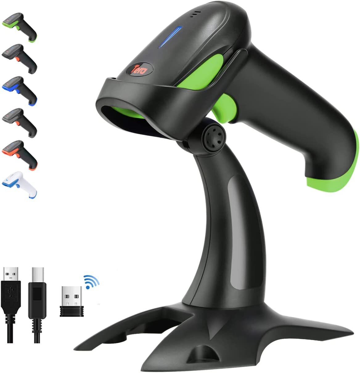 Tera Barcode Scanner 2D 1D Wireless 2.4 GHz/Bluetooth/USB 2000mAh Akku Kabel Ständer HW0002 Grün