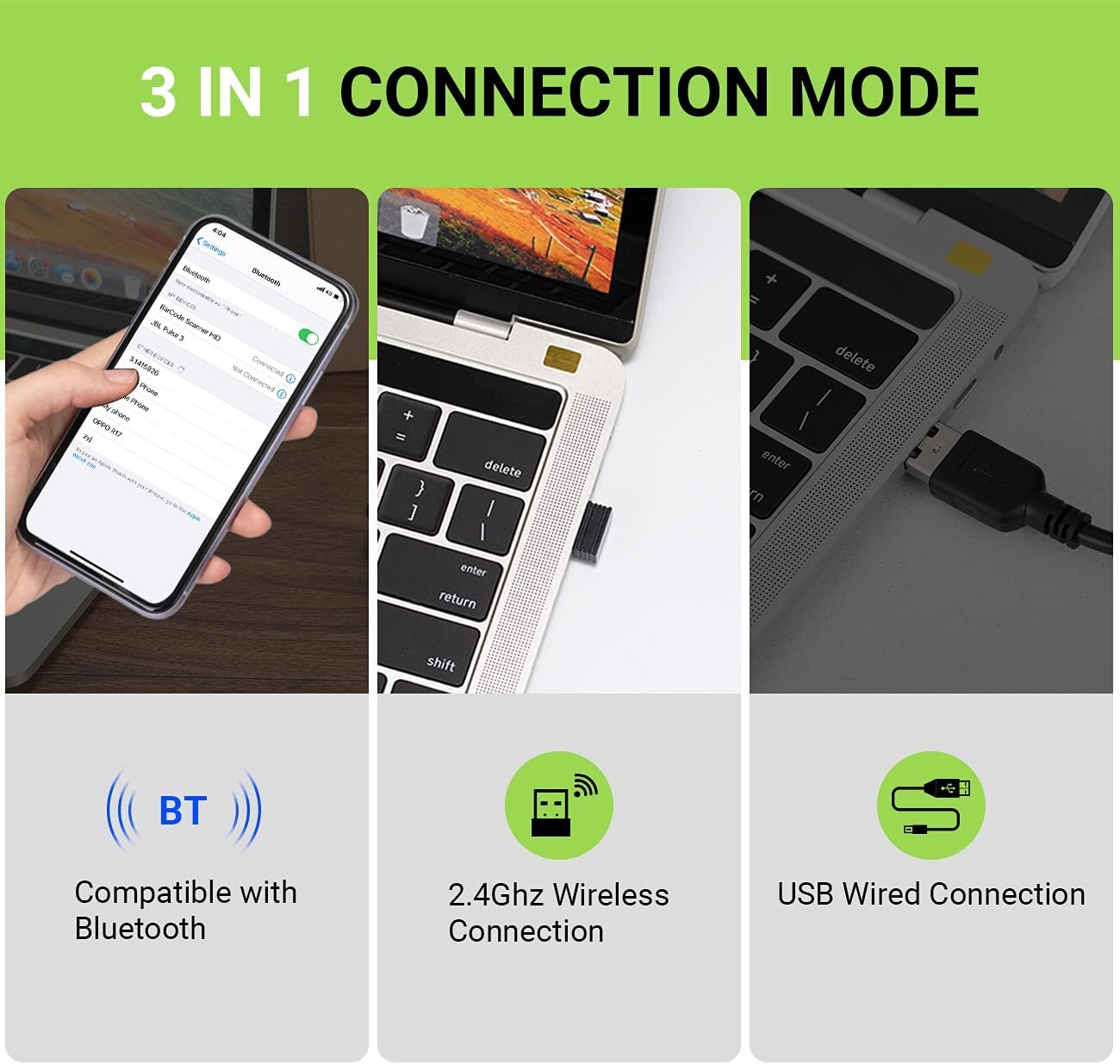 Tera Barcode Scanner 2D 1D Wireless 2.4 GHz/Bluetooth/USB 2000mAh Akku Kabel Ständer HW0002 Grün