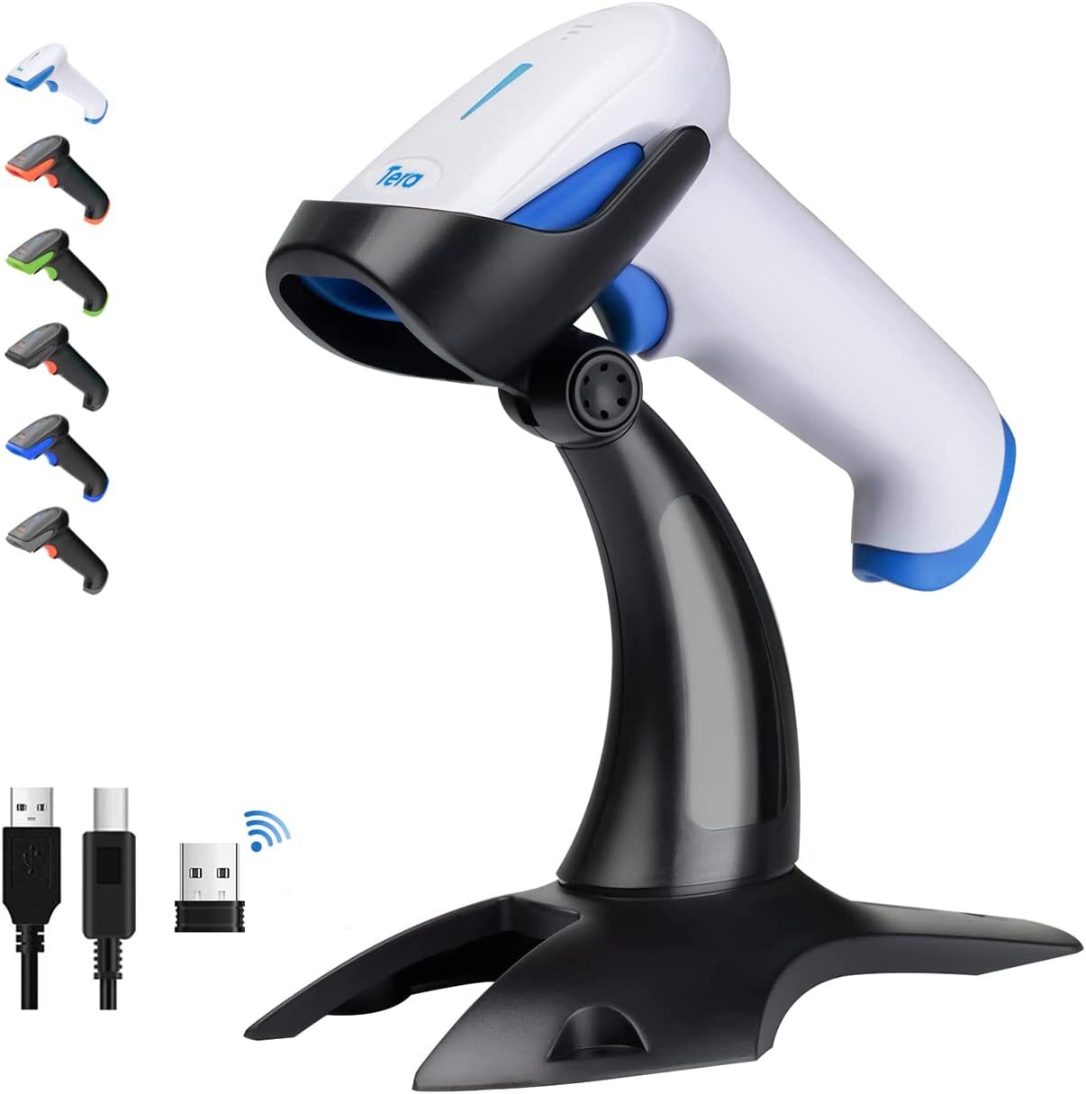 Tera Barcode Scanner 2.4 GHz/Bluetooth/USB 2000mAh Akku /Kabel/Ständer, HW0002 Weiß und Blau