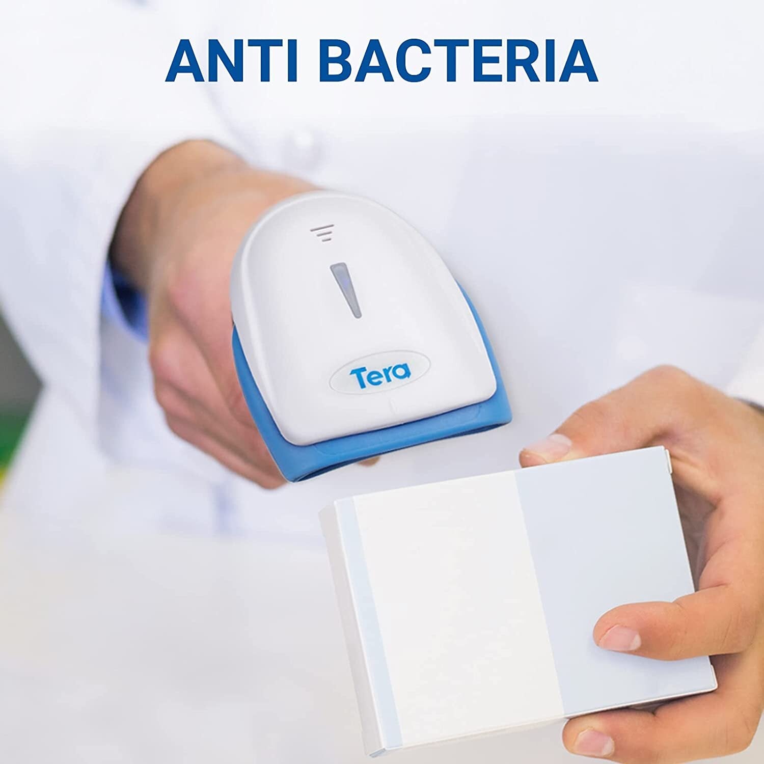Tera Barcode Scanner 2.4 GHz/Bluetooth/USB 2000mAh Akku /Kabel/Ständer, HW0002 Weiß und Blau