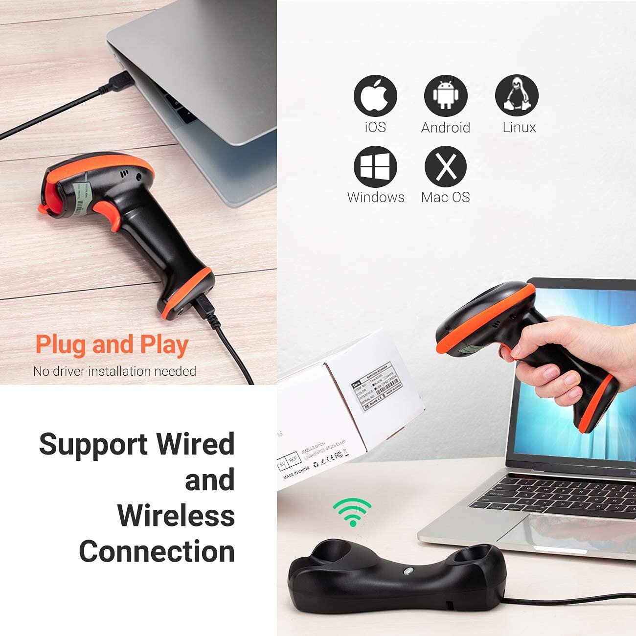 Tera Barcode-Scanner Bildsensor 2D 1D QR Wireless 2,4 GHz mit Ladestation USB-Kabel HW0008 Orange