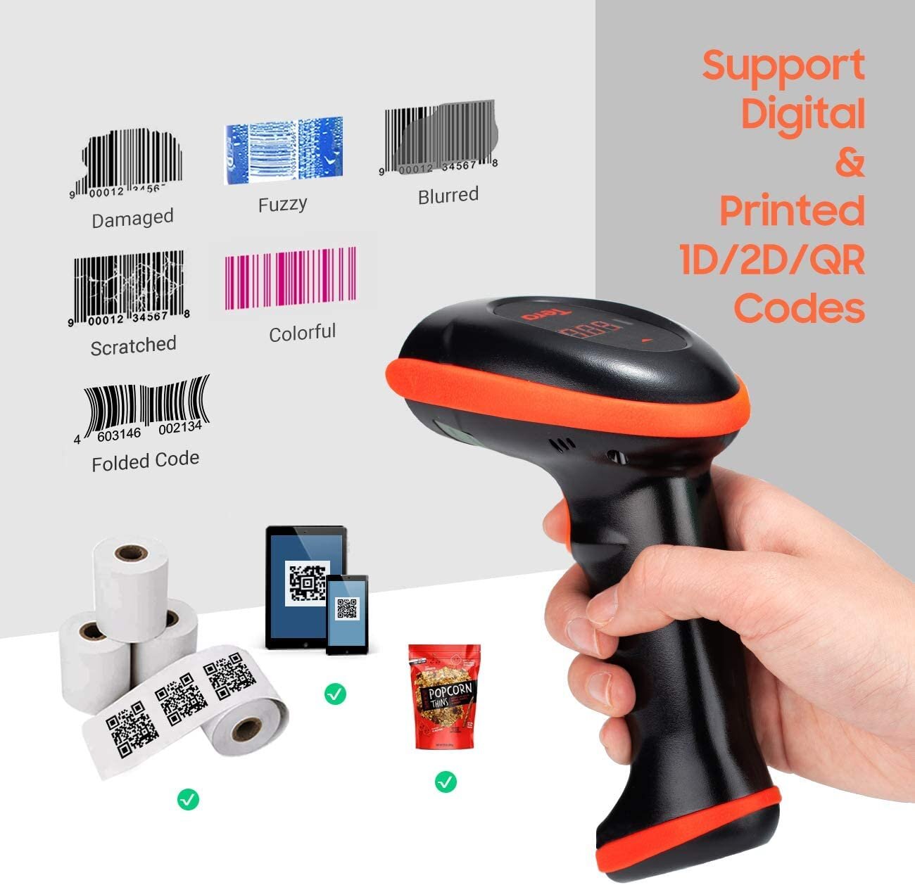 Tera Barcode-Scanner Bildsensor 2D 1D QR Wireless 2,4 GHz mit Ladestation USB-Kabel HW0008 Orange