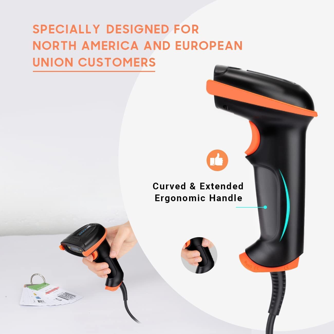 Tera Barcode-Scanner 1D USB Handheld Plug and Play, L5100Y Orange ohne Ständer