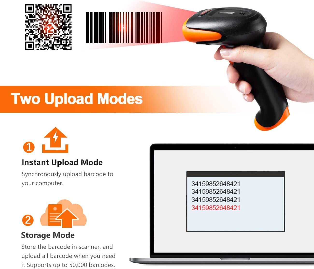 Tera Barcode-Scanner 1D 2D QR 3 in 1 - Wireless Bluetooth USB Wired mit Ständer/Halterung HW0001