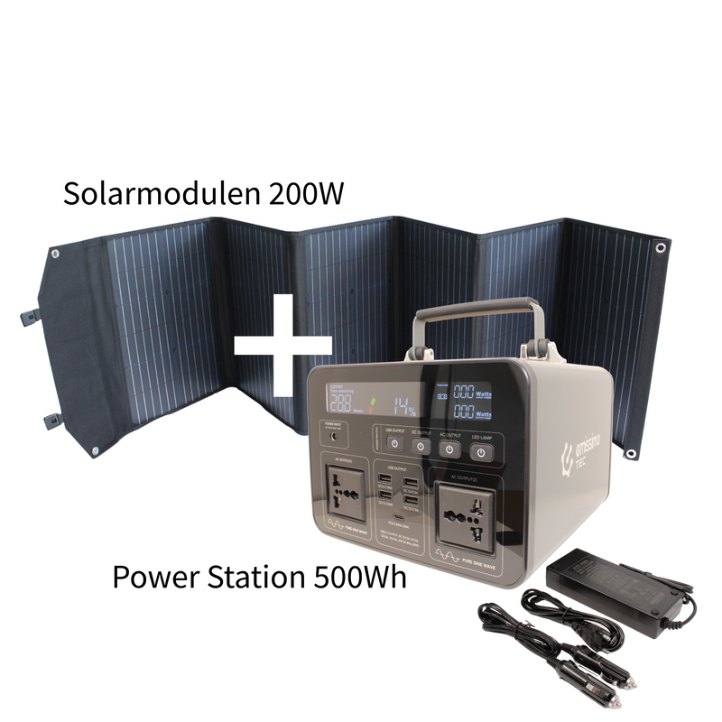 Emissimo Tec Starter Set Mobiler Strom für den Notfall:  Steckdose 500Wh + 200W Solar Panel