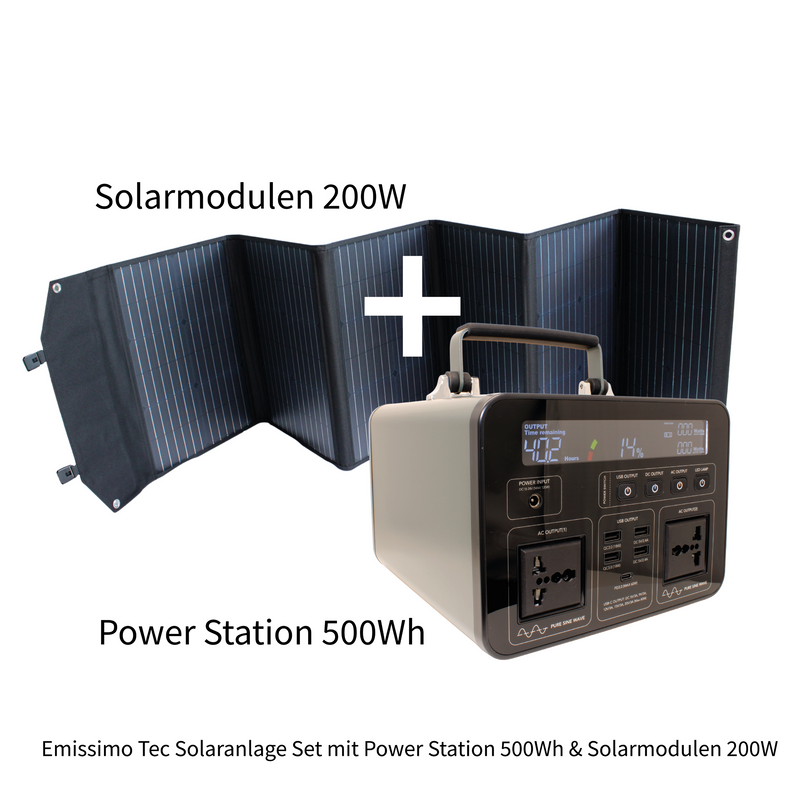 Emissimo Tec Starter Set Mobiler Strom für den Notfall:  Steckdose 500Wh + 200W Solar Panel