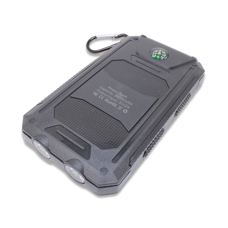 Powerbank 20.000mah - iPhone & Android - Taschenlampe, 2 USB-Anschlüsse, wasserfest, Fallschutz, Kompass, Solar-Ladegerät