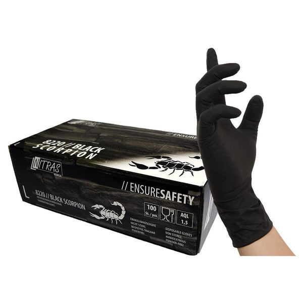 NITRAS Black Scorpion  8220, Latex Handschuhe, Latexhandschuhe, schwarz - 1 Pck = 100 Stück - M