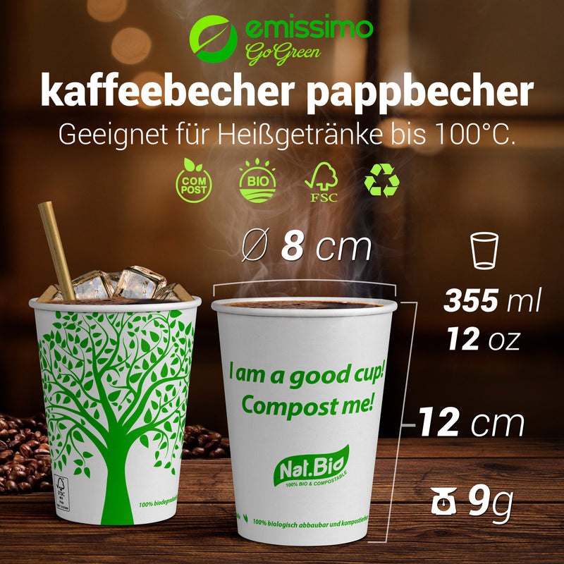50 x Bio Einwegbecher "GreenTree" 0,355 L - Pappe PLA-beschichtet umweltfreundlich Kaffeebecher