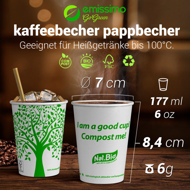 50 x Bio Einwegbecher "GreenTree" 0,177 L - Pappe PLA-beschichtet umweltfreundlich Kaffeebecher