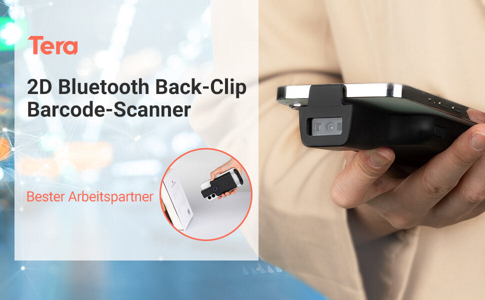 Tera Barcode Scanner 0012 1D 2D QR Tragbarer Rückclip Wireless Drahtlos Bluetooth für Smartphone