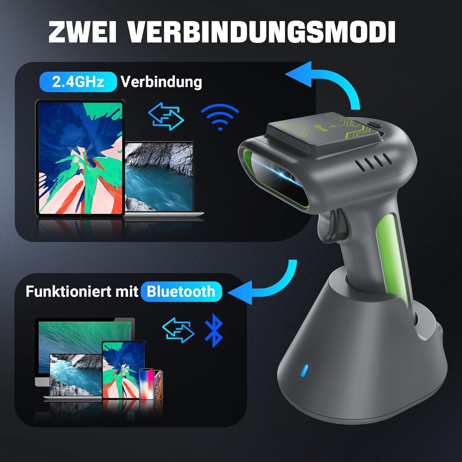 Tera HW0016 Scanner RFID/1D/2D, Bluetooth 2.4GHz USB Wireless, inkl. Ladestation – Akku – Grün