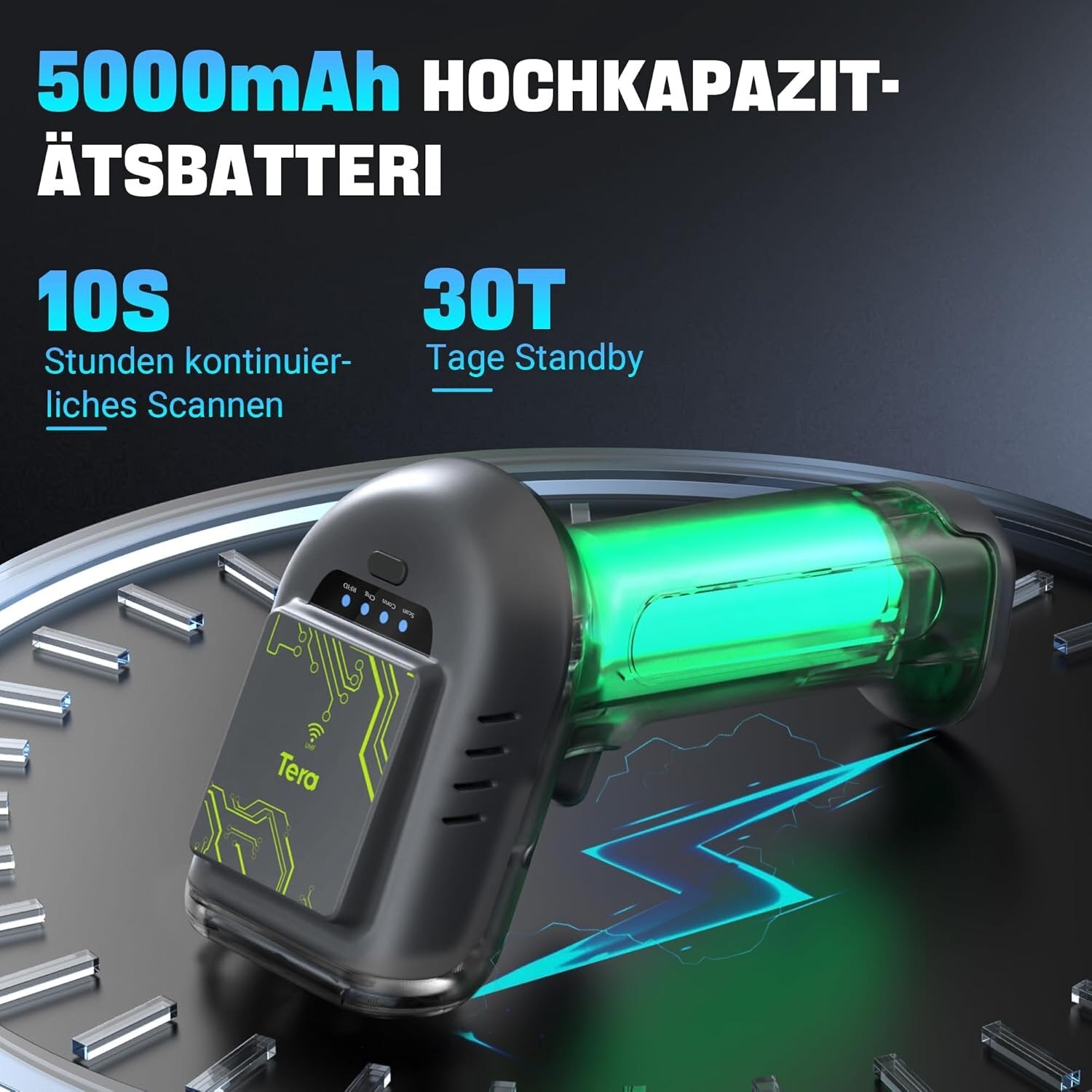 Tera HW0016 Scanner RFID/1D/2D, Bluetooth 2.4GHz USB Wireless, inkl. Ladestation – Akku – Grün
