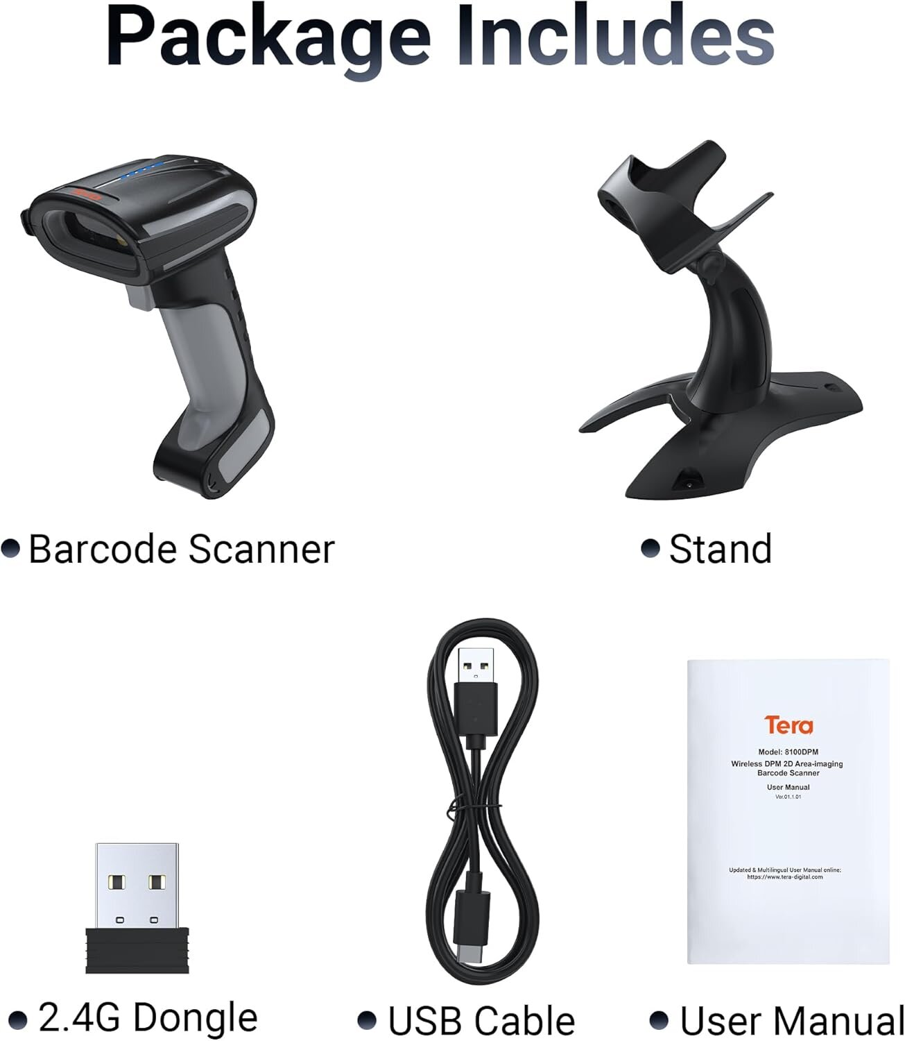 Tera 8100DPM Scanner 1D/2D DPM, Bluetooth 2.4GHz USB Wireless, inkl. Ständer – Akku – Schwarz