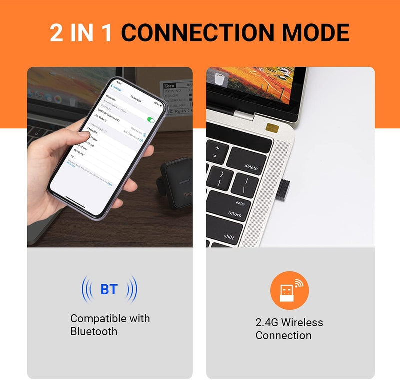 Tera Pro Barcodescanner QR 2D 1D Bluetooth 2,4G Kabelgebunden USB-C 1D 2500mAh Ständer 8100 Blau