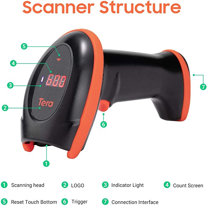 Tera Barcode-Scanner Bildsensor 2D 1D QR Wireless 2,4 GHz mit Ladestation USB-Kabel HW0008 Orange