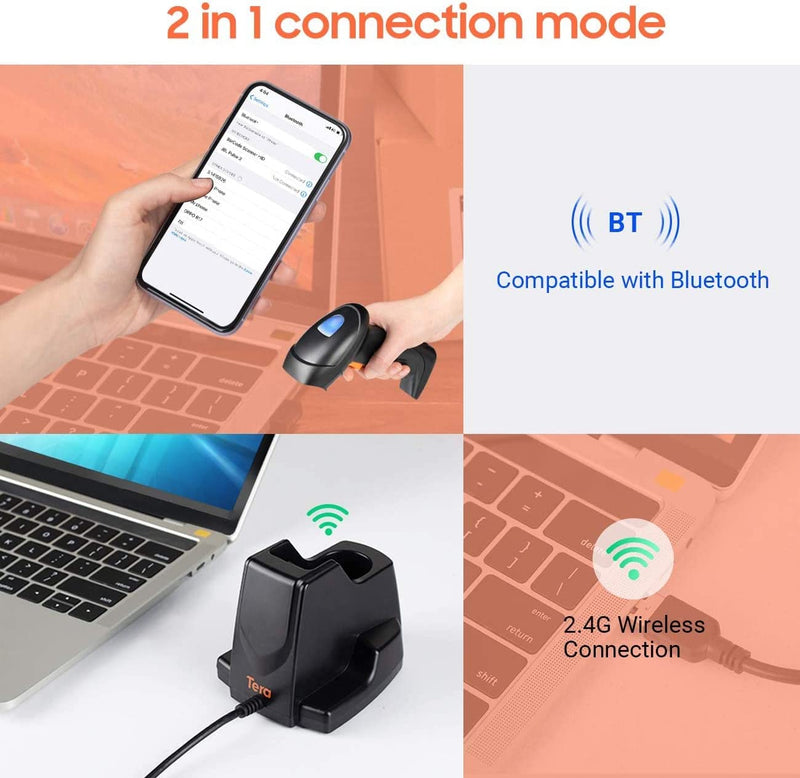 Tera Pro Barcodescanner QR 2D 1D Bluetooth2,4G mit USB Ladestation HW0007 Orange