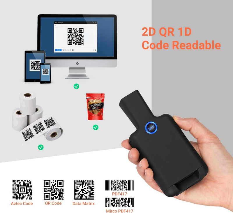 Tera Barcode Scanner 0012 1D 2D QR Tragbarer Rückclip Wireless Drahtlos Bluetooth für Smartphone