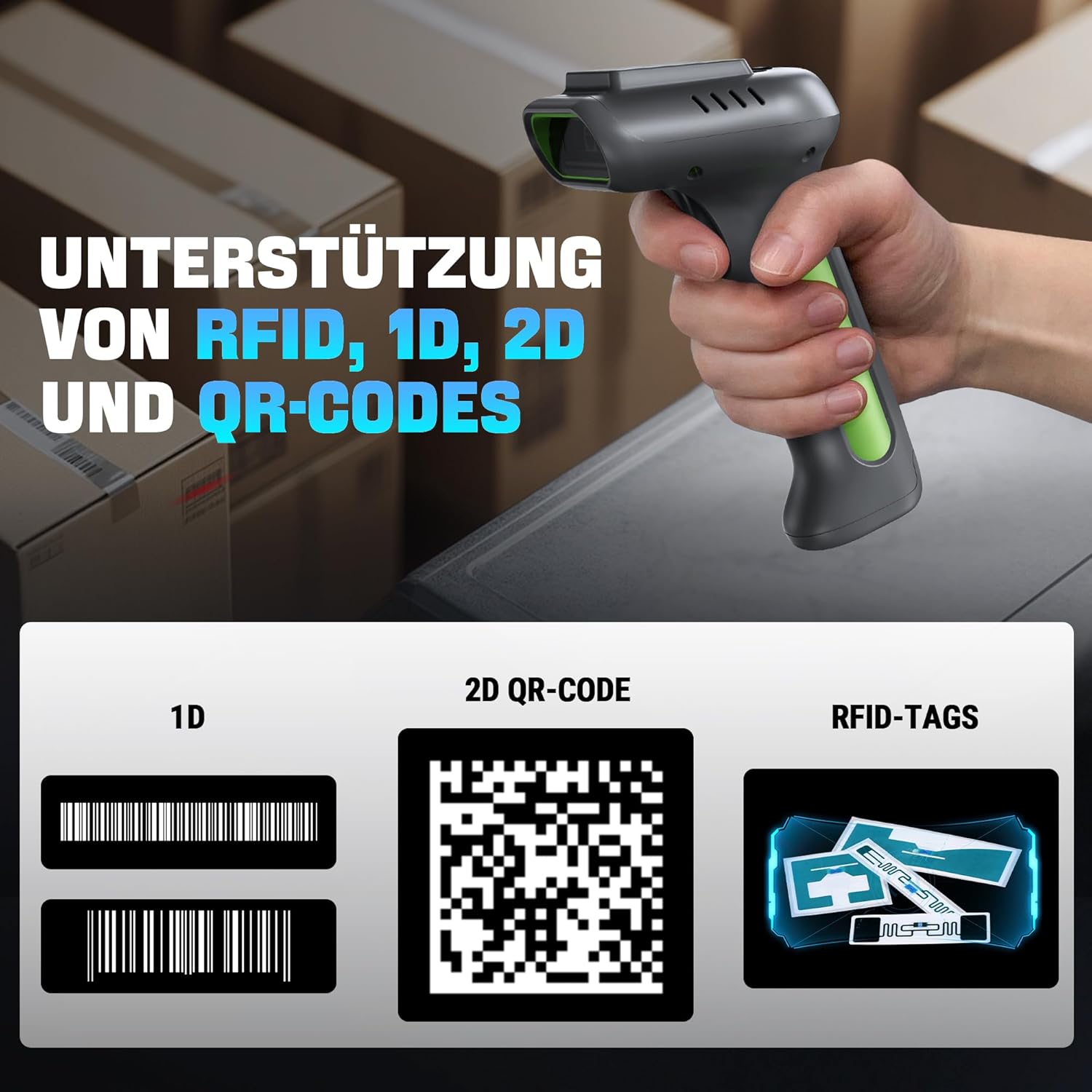 HW0016 Scanner RFID/1D/2D, Bluetooth 2.4GHz USB Wireless, inkl. Ladestation – Akku – Grün