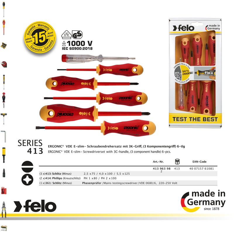 Felo SD ERGONIC VDE Satz 6-tlg. 3 x Schlitz /1x PH (Kreuz) / 1 x Phasenprüfer VDE 120-250V