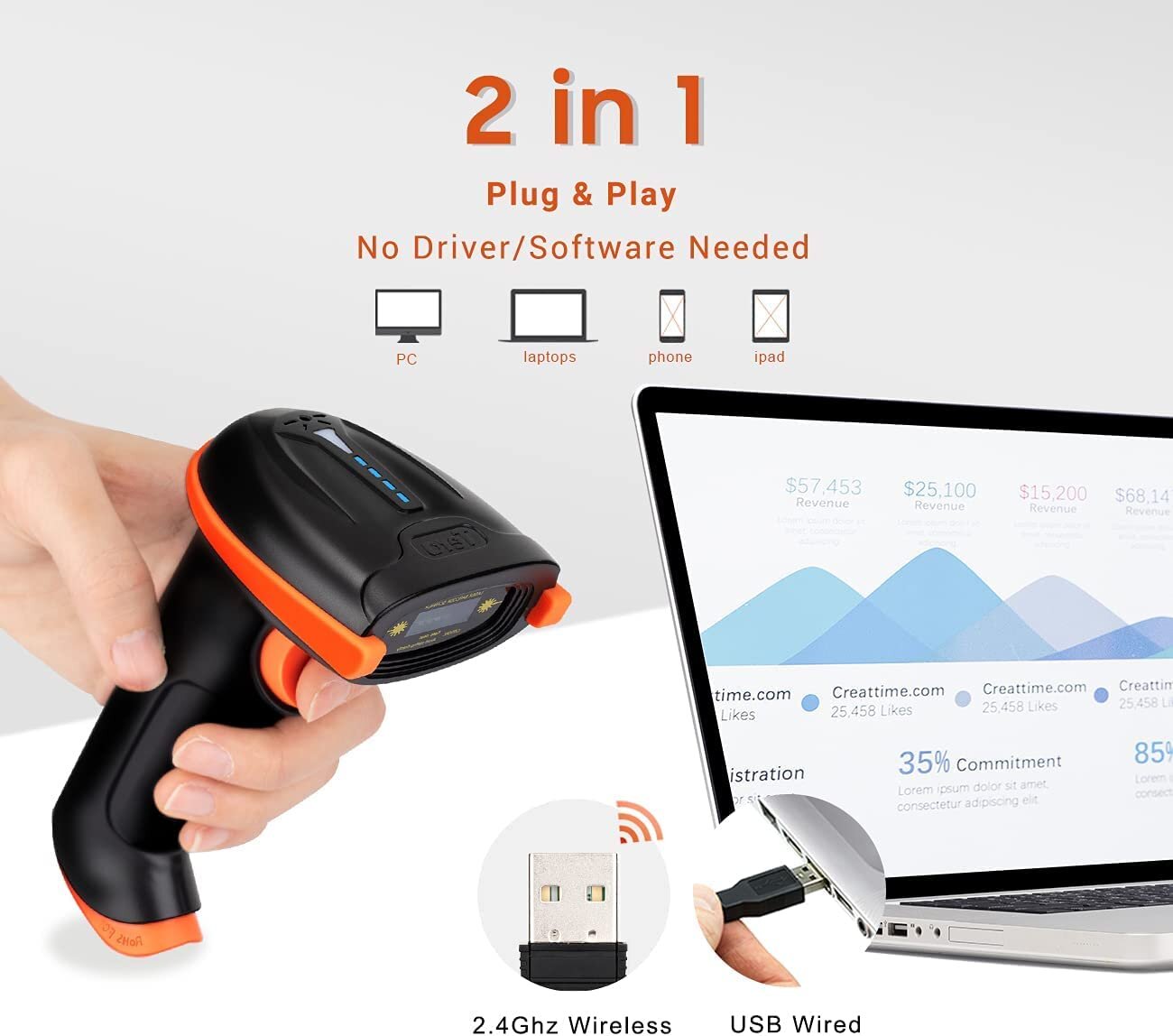 Tera Kabelloser Handheld-Barcode-Scanner 1D Wireless USB Akku 2000mAh Modell 5100 Orange