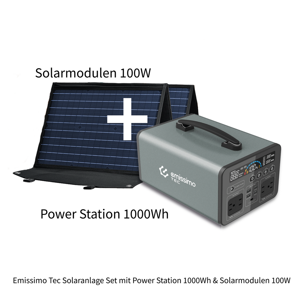 Emissimo Tec Starter Set Mobiler Strom 1000W Power Station + 100W Sola
