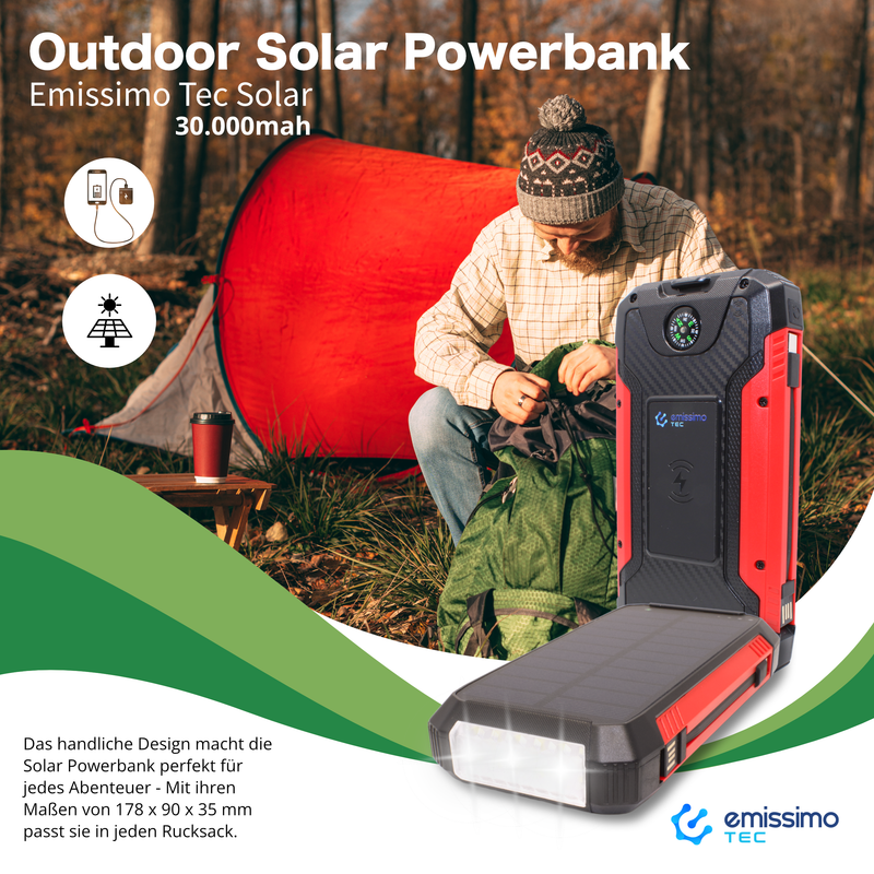 Emissimo Tec Alex Solar Powerbank kompakt Outdoor-Taschenlampe Wireless-Ladegerät 30.000mah Rot