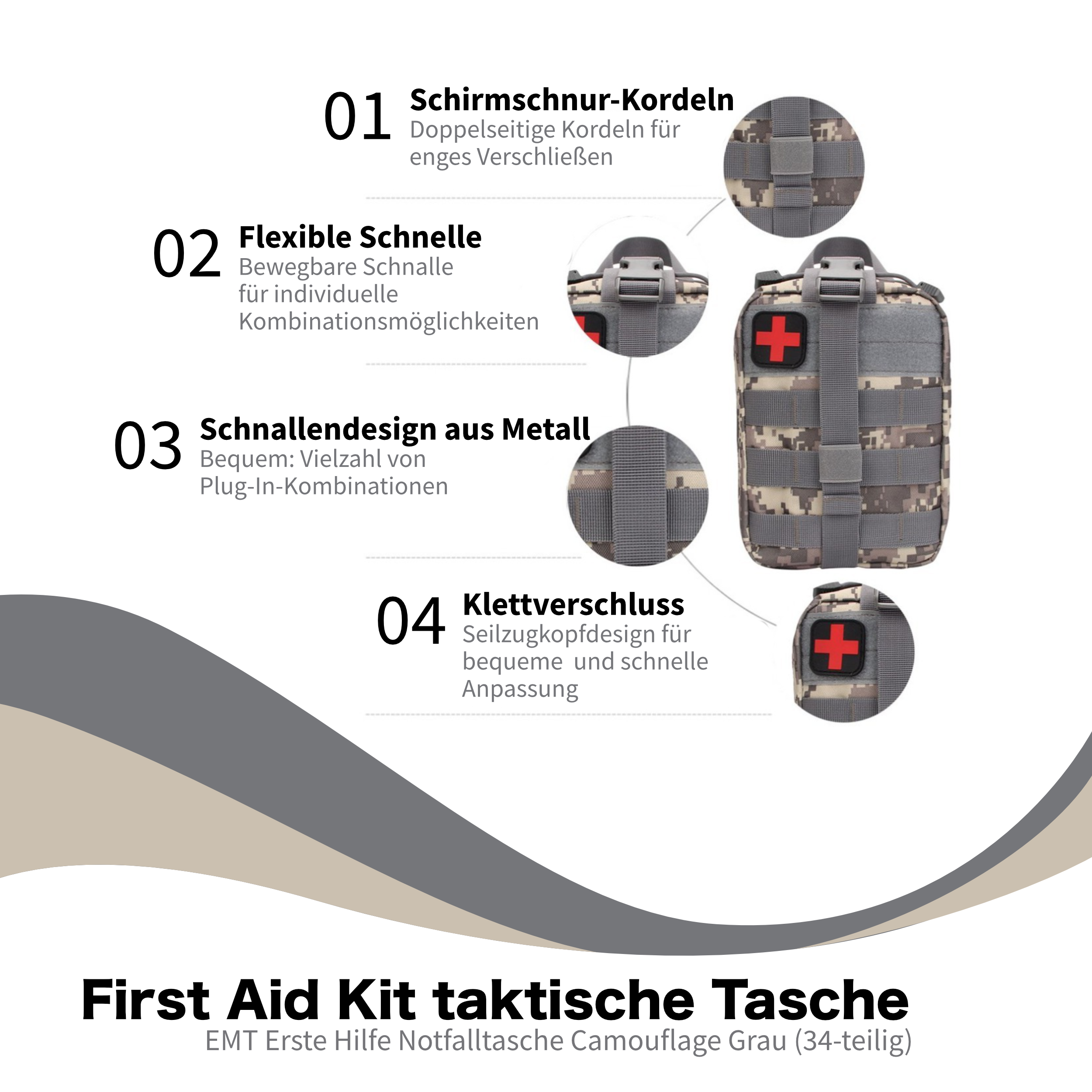 Erste Hilfe Set Verbandstasche Molle Pouch Notfalltasche befüllt DIN 13164 Version 2022 (34-teilig)