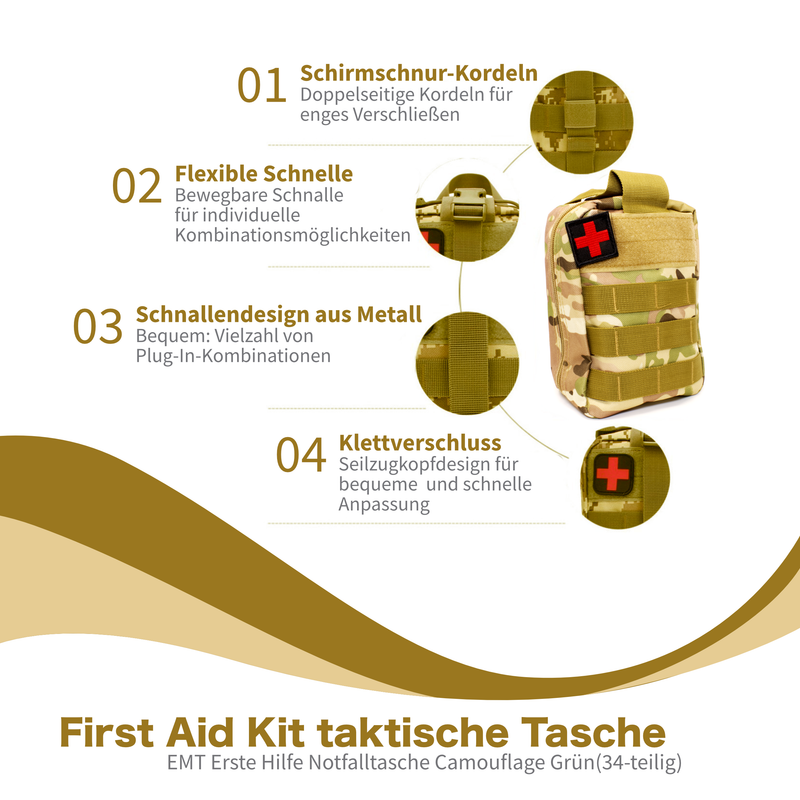 Bolsa táctica botiquín de primeros auxilios, bolsa de emergencia de primeros auxilios EMT camuflaje verde (34 piezas)