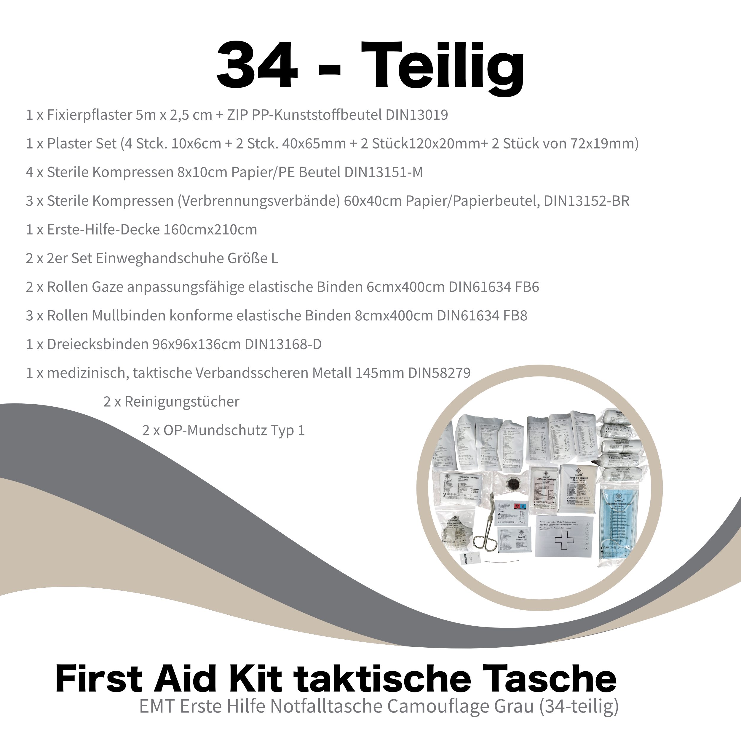 Erste Hilfe Set Verbandstasche Molle Pouch Notfalltasche befüllt DIN 13164 Version 2022 (34-teilig)