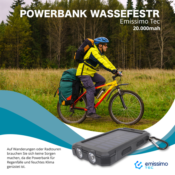 Powerbank 20,000mah - iPhone y Android - Linterna, 2 puertos USB, resistente al agua, protección contra caídas, brújula, cargador solar