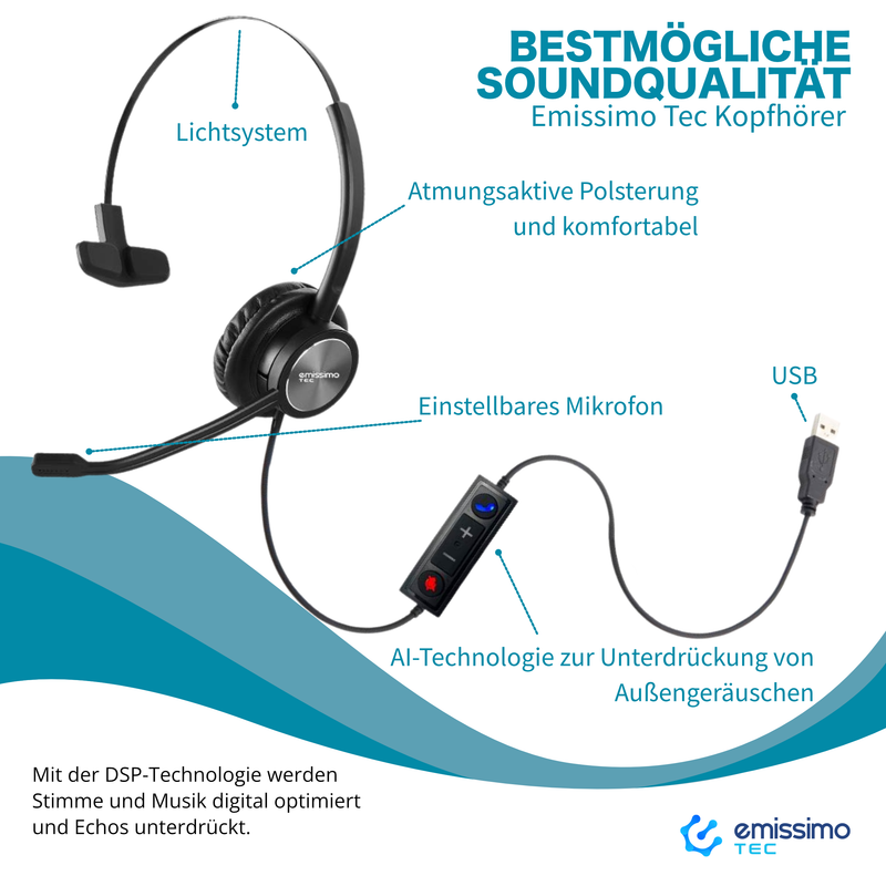Emissimo Tec LF22 Mono Headset mit intelligentem Lärmfilter-Mikrofon für störungsfreie Gespräche