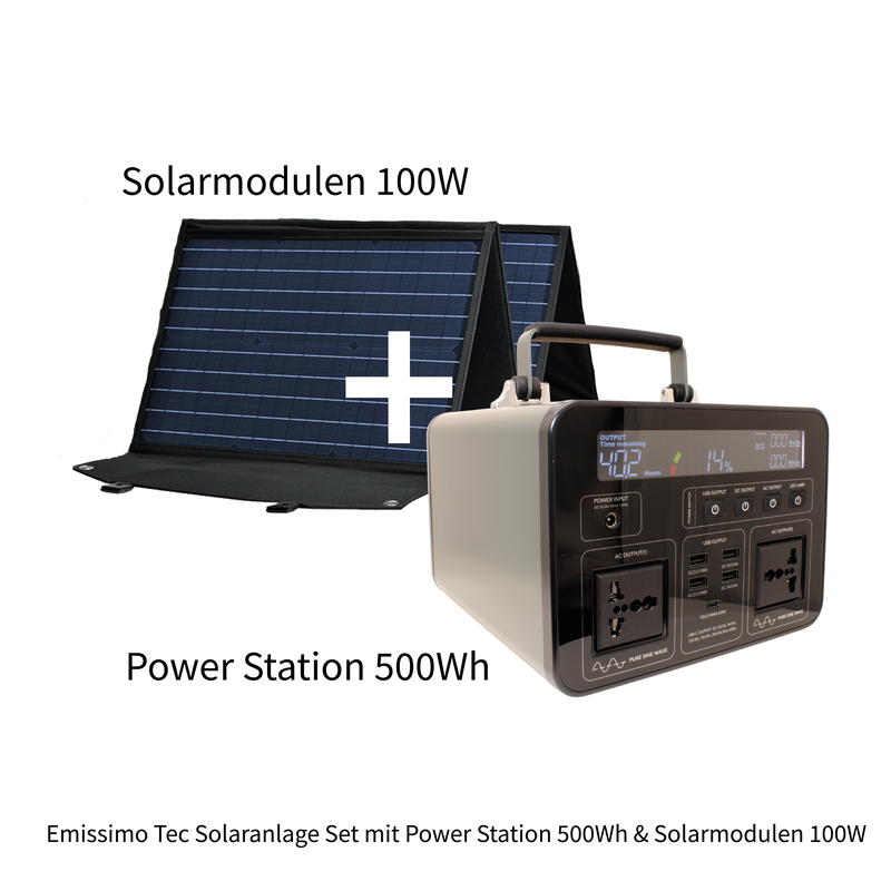 Emissimo Tec Starter Set Mobiler Strom für den Notfall:  Steckdose 500Wh + 100W Solar Panel