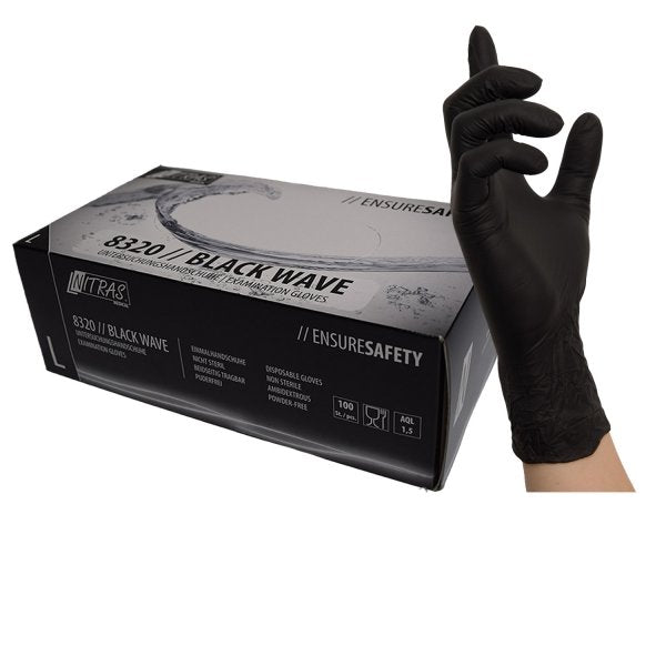 NITRAS Black Wave, guantes desechables de nitrilo, guantes desechables, negro 100 piezas, tamaño: XL