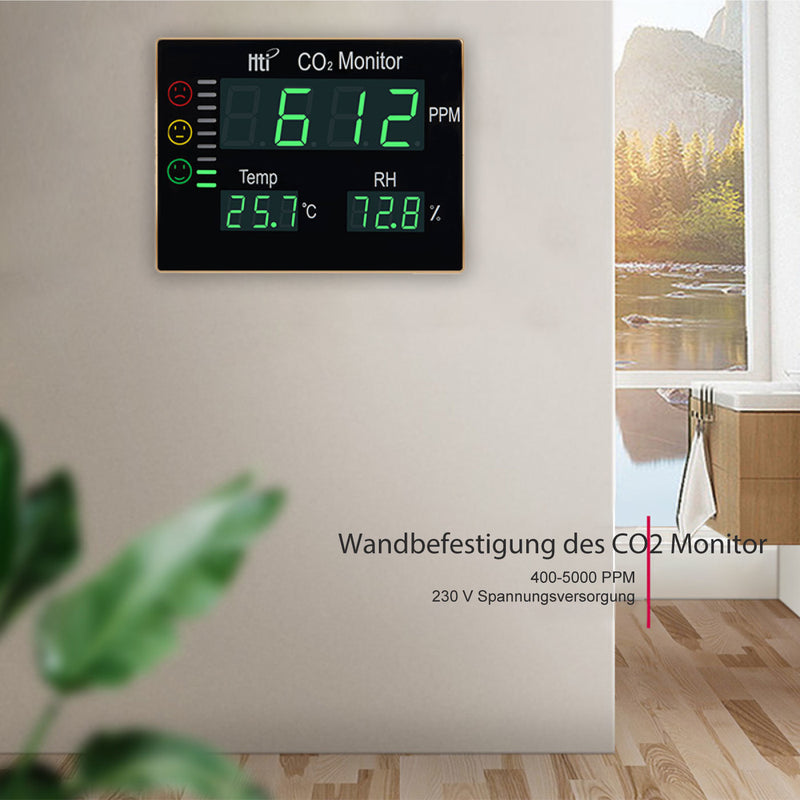 medidor de CO2 emissimo, monitor de CO2 pantalla CO-20, montaje en pared, función de alarma, pantalla LED