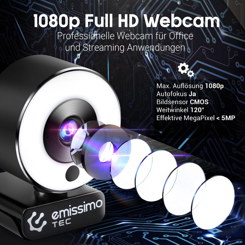emissimo LightMe Full HD-Webcam Lichtring und Mikrofon eingebaut, 3in1 Advanced Autofokus 1080P