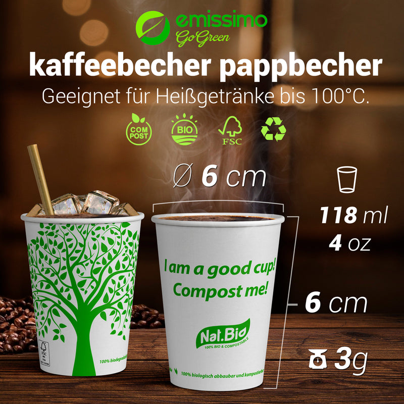 50 x Bio Einwegbecher "GreenTree" Pappe PLA-beschichtet umweltfreundlich Kaffeebecher