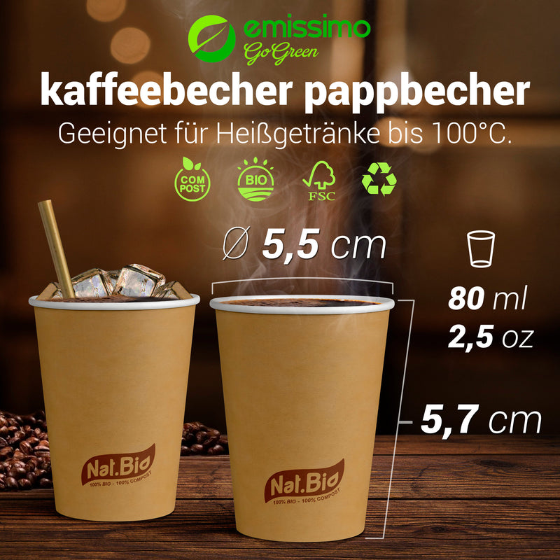 Vasos de papel marrón para bebidas frías y calientes - compostables - 80ml (2.5 oz) - 50 piezas
