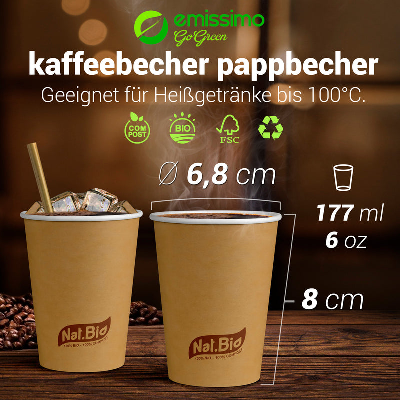 Vasos de papel marrón para bebidas calientes y frías compostables Capacidad: 177ml (6 oz) - 50 piezas