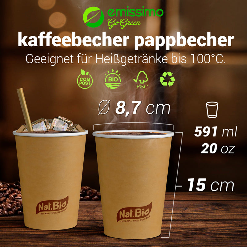 Vasos de papel marrón para bebidas frías y calientes - compostables - 591ml (20 oz) - 50 piezas