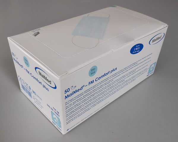 MAIMED- FM Comfort Plus, Maske 3-lagig medizinischer Mundschutz EN 14683 (Typ IIR) blau